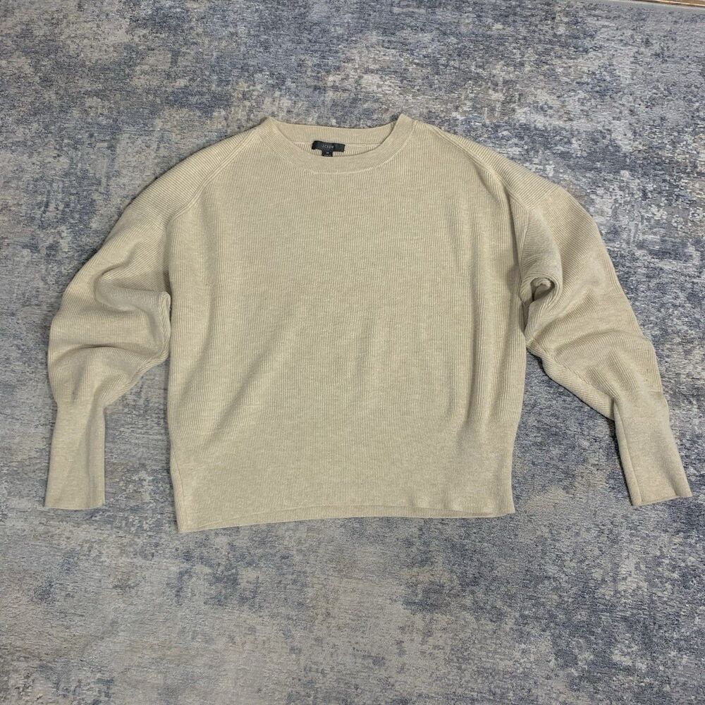 J. Crew Balloon Sleeve Crew Neck Merino Wool Blend Beige Sweater Size Medium